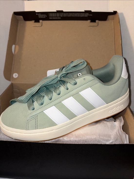 adidas Shoes - adidas Sage Green Suede Sneakers with White Stripes